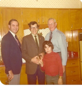 Here's a photo taken in the home's kitchen. From left are my Dad, Joe; his brother Bill; Uncle Fred Schuetze; and Bill's son, Ivan, cutting up, as usual! 